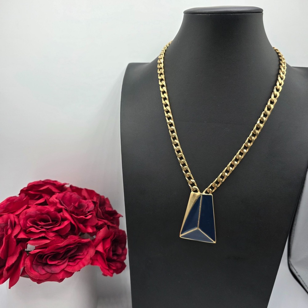 TRIFARI Geometric Pendant‎ Necklace Gold Tone Blue Enamel Chunky Chain Retro